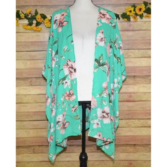 Eleven Oaks Mint Green & Pink Floral Open Front Poncho Cardigan Kimono Ladies M - Picture 1 of 12